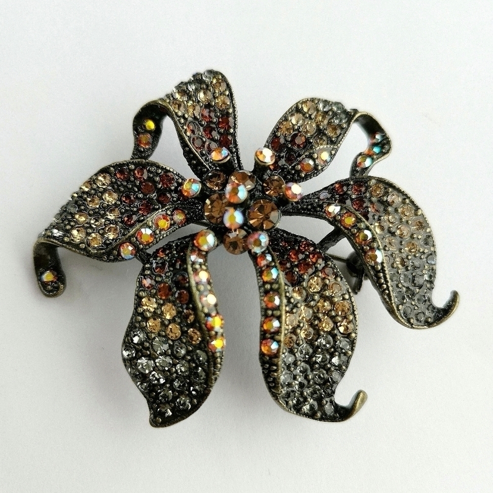 Crystal bronze tone lily brooch pin / pendant